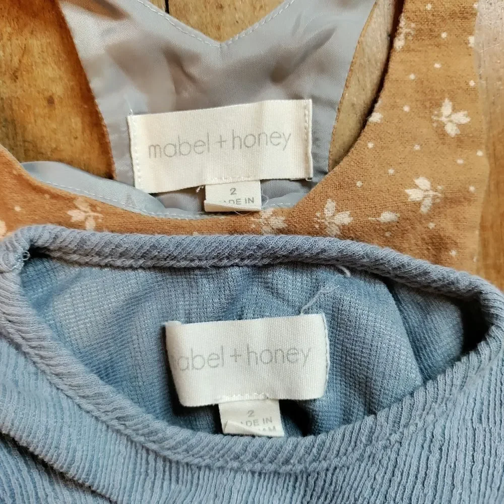 Mabel + Honey outfit 2T jumper dress long sleeve shirt blue neutral boho tan